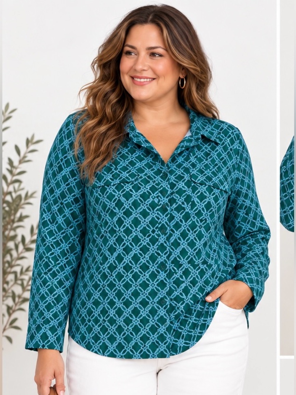 Talbots Button Front Shirt Geo Print Women 3X Cotton Coastal Nautical Equestrian